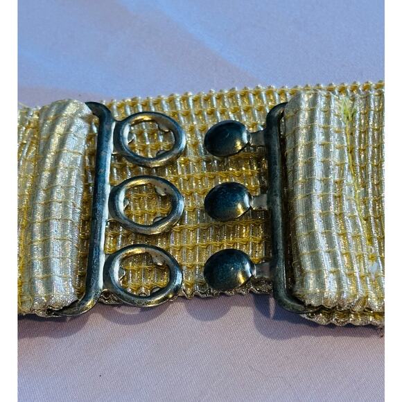 Vintage 80s  Bright Gold Malco Modes Wide Elastic Cinch Belt Gold Metal Buckle - Picture 5 of 8
